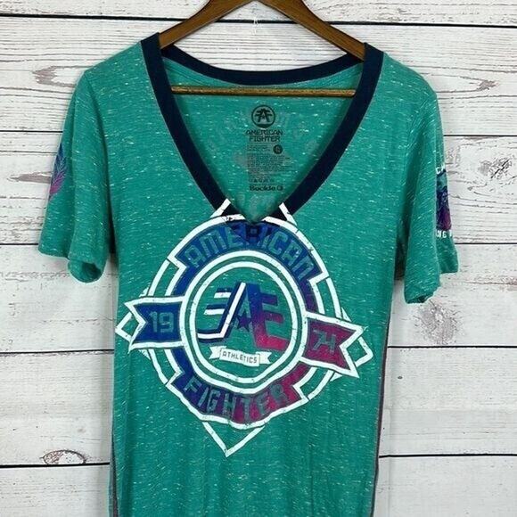 American Fighter Tee Shirt Womens XL Blue Green Y2K Punk Graphic Grunge Rocker - Picture 2 of 10